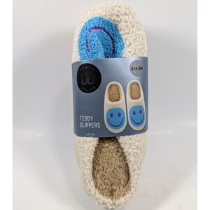 Wayland Square Smiley Face Teddy Slippers Women's Size Large (9-10) Blue & White